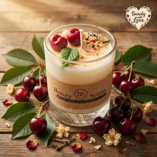 Small soy candle in a glass jar with wax cherries and green leaf decoration on a wooden table, styled with fresh cherries, green leaves and dried flower petals