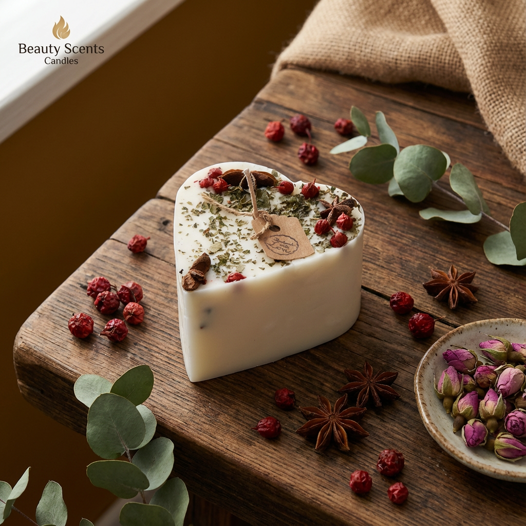Heart-shaped candle with natural elements on a wooden surface, featuring Beauty Scents brand.