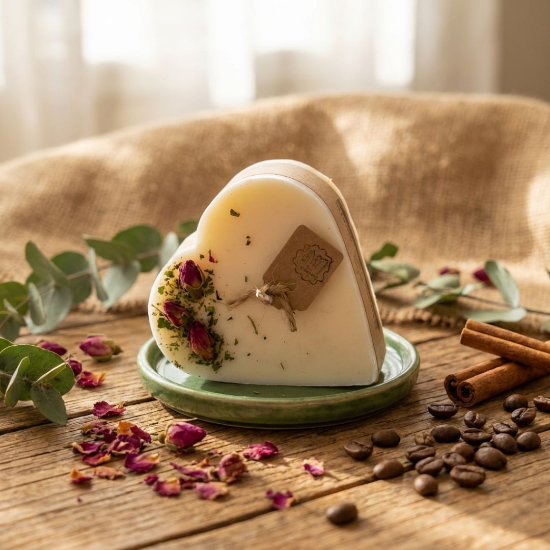Heart-shaped candle with floral elements on a wooden surface with eucalyptus leaves and cinnamon sticks.