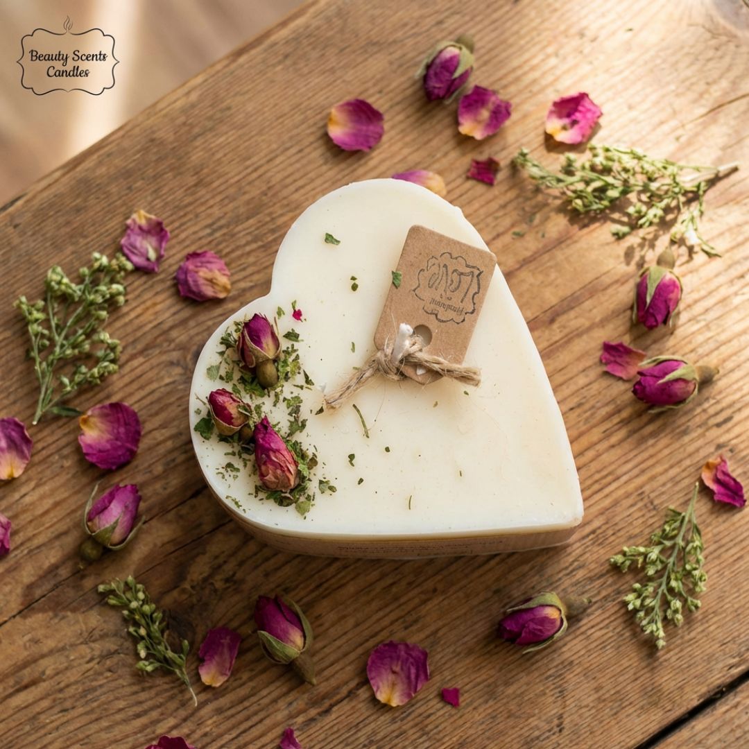 Heart-shaped candle with dried flowers on a wooden surface, featuring Beauty Scents Candles branding.