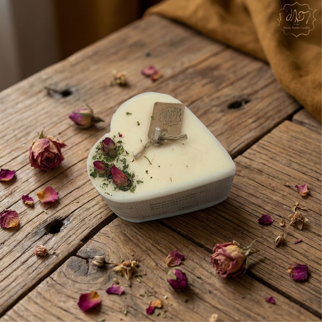 Heart-shaped candle with dried flowers on a wooden surface