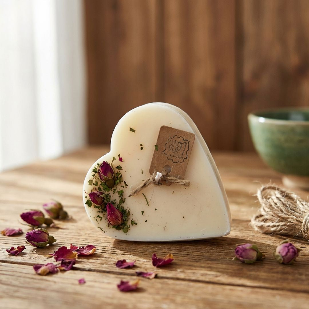Heart-shaped decorative candle with dried flowers on a wooden surface