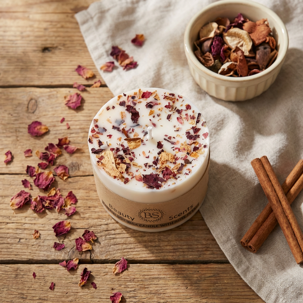Small Beauty Scents rose petal candle on a rustic wooden table with scattered rose petals, cinnamon sticks, and potpourri, square image.