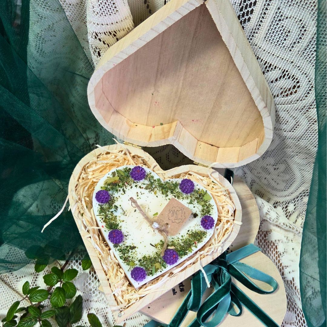 Wooden heart box with handmade candle and blackberry decoration