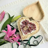 Heart candle with rose petals, vegan and rustic, in wooden gift box