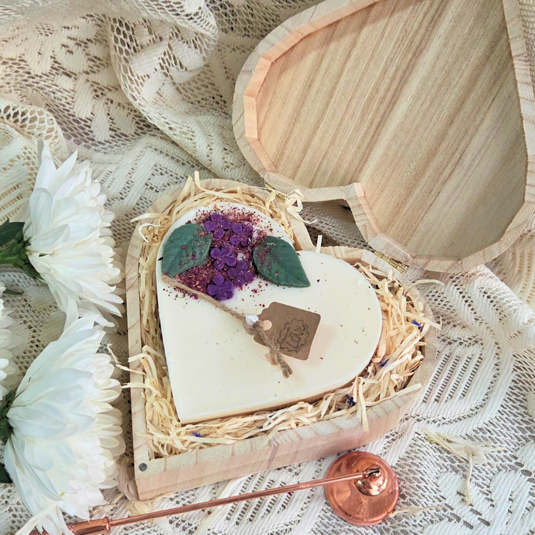 Wooden heart box with handmade candle and lilac flower decoration