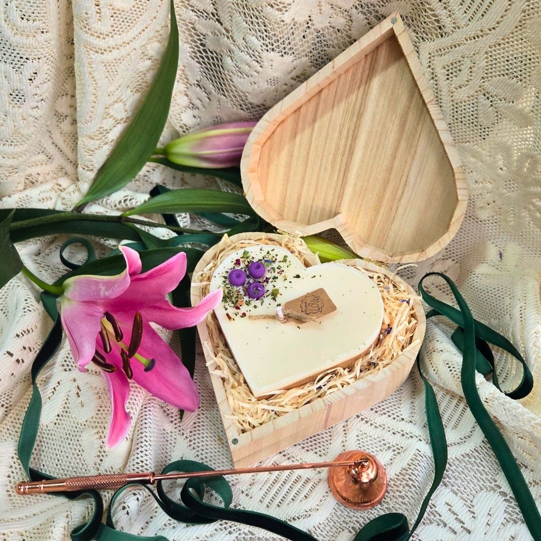 Wooden heart box with handmade candle and blueberry decoration