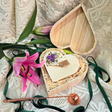 Wooden heart box with handmade candle and blueberry decoration