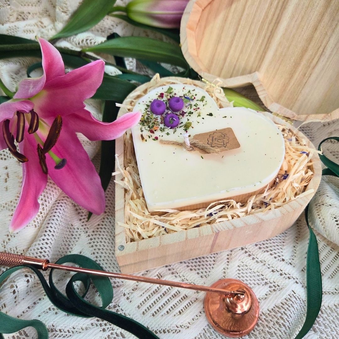 Close-up of blueberry heart candle in eco-friendly wooden box