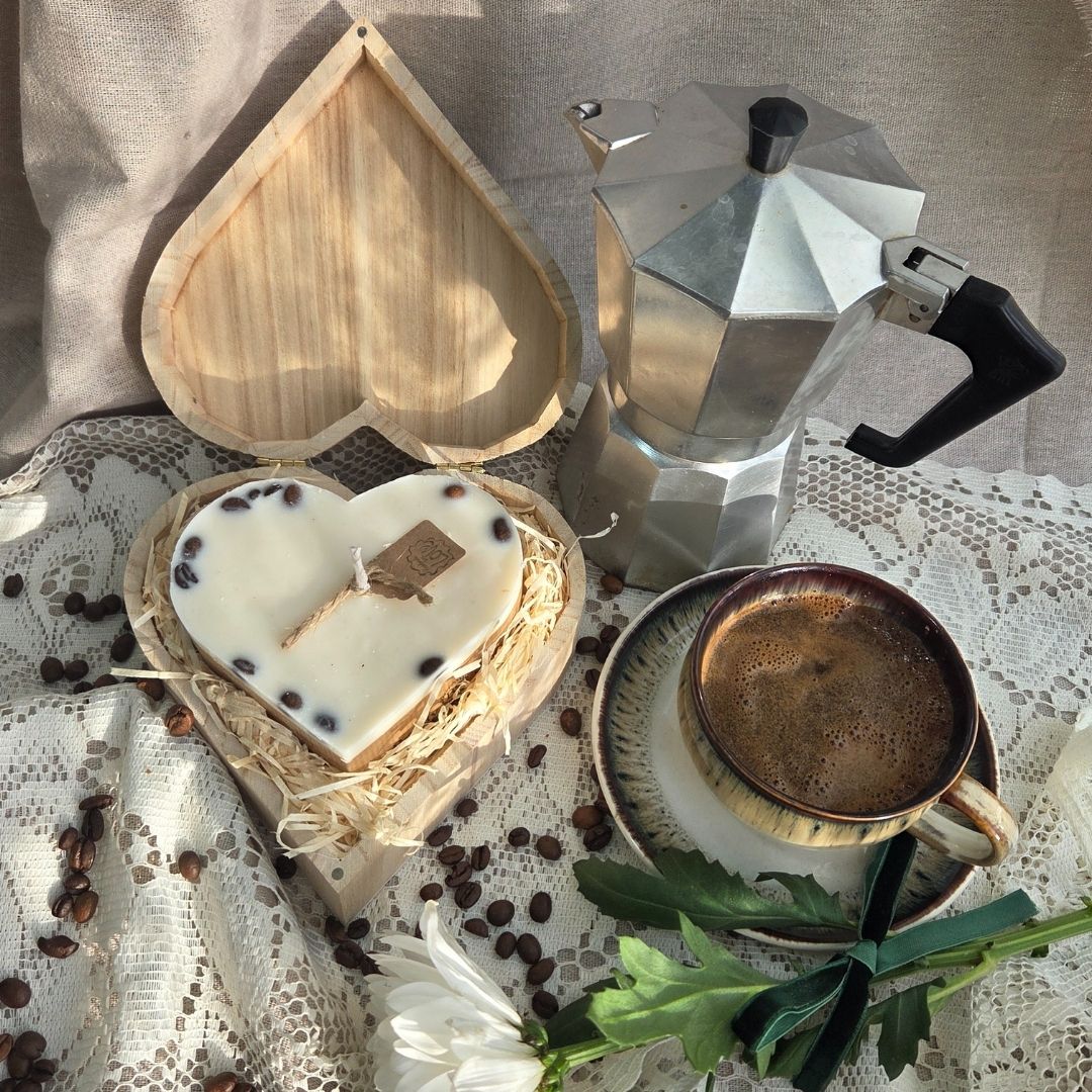 Coffee bean heart candle in eco-friendly wooden box, handmade and vegan