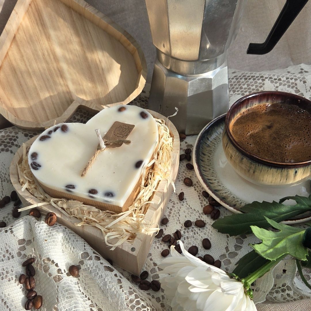 Gift-ready wooden heart box with large coffee bean candle, rustic packaging
