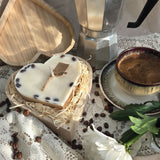 Gift-ready wooden heart box with large coffee bean candle, rustic packaging