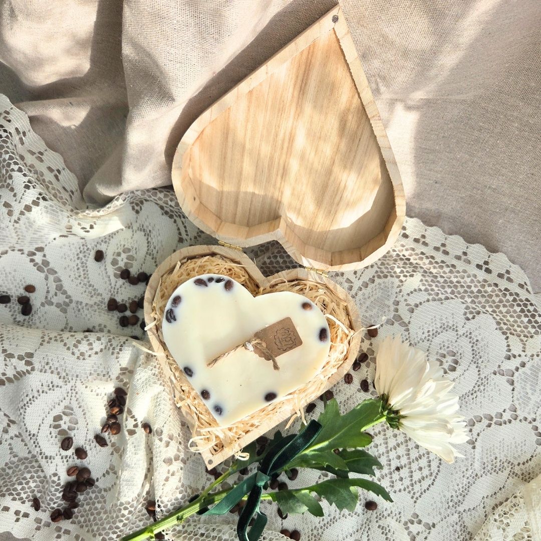 Large heart candle with coffee beans in wooden gift box, perfect for gifting