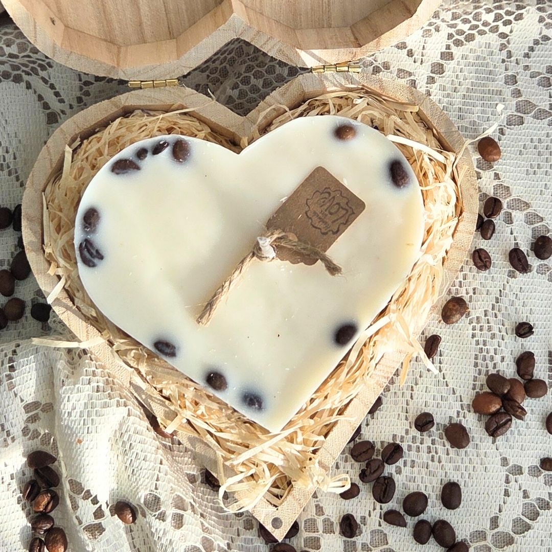 Large heart-shaped candle in a rustic wooden heart gift box, decorated with real coffee beans