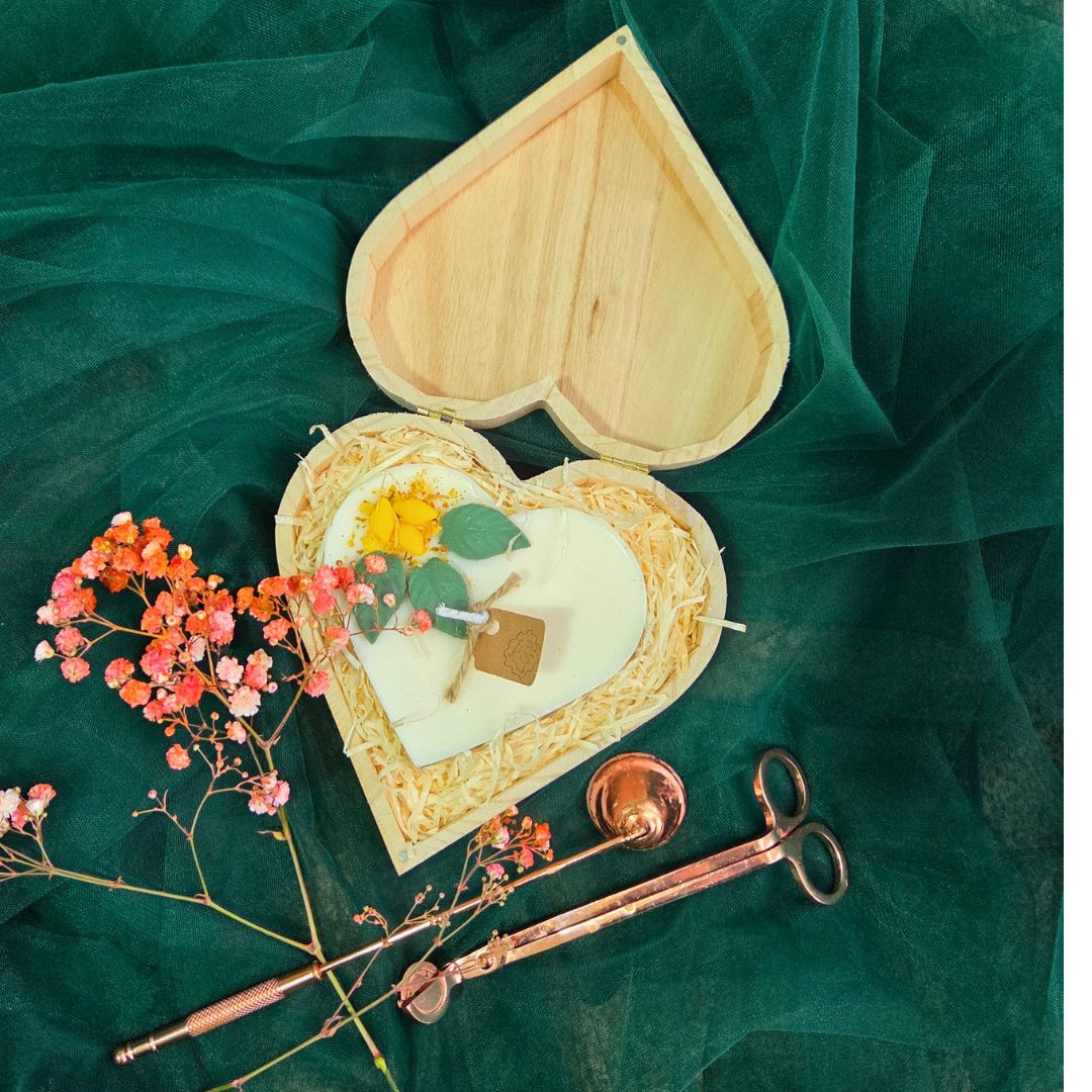 Wooden heart box with handmade candle and lemon decoration