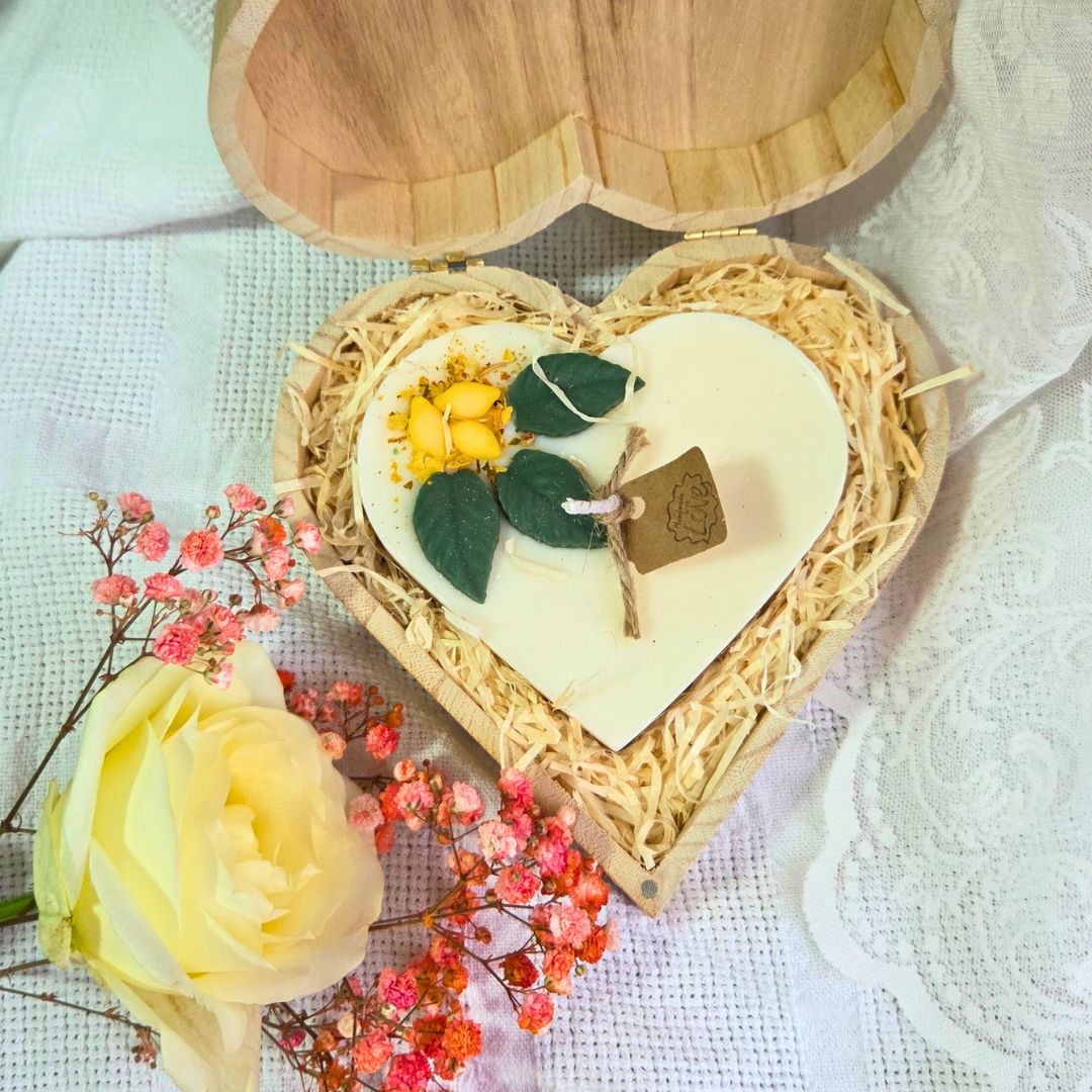 Heart candle with lemons, vegan and rustic, in wooden gift box