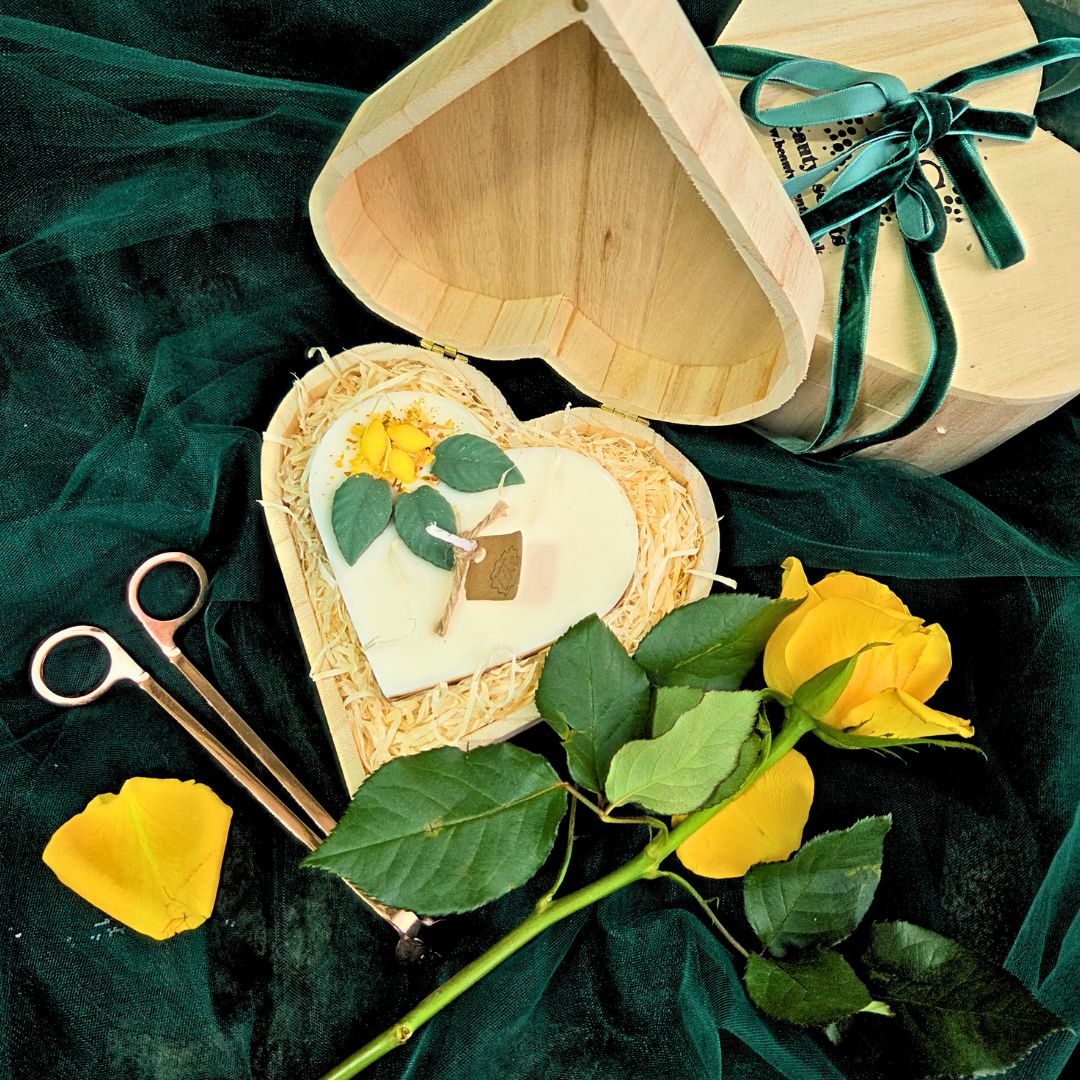 Lemon-themed heart candle in eco-friendly wooden heart gift box