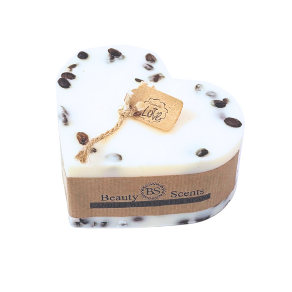 Large heart coffee bean candle with natural coffee beans decoration - romantic handmade soy wax candle