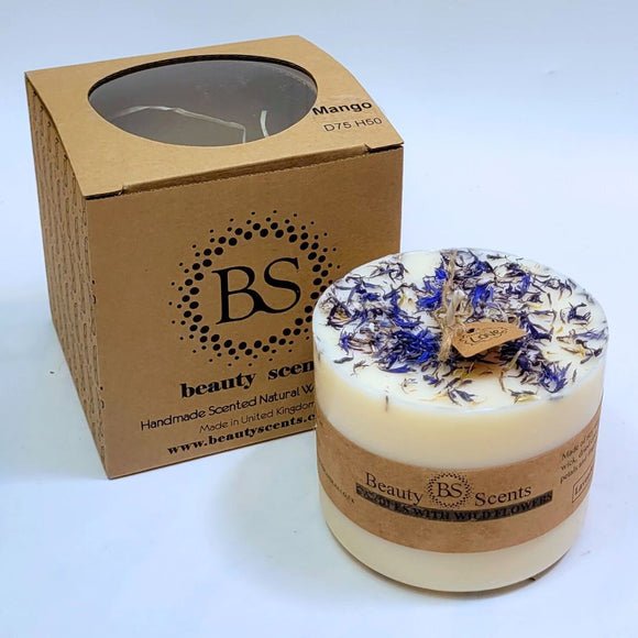 Large Wild Flowers soy candle 700g with blue cornflowers decoration and Beauty Scents branded packaging box - handmade candle product and packaging photography