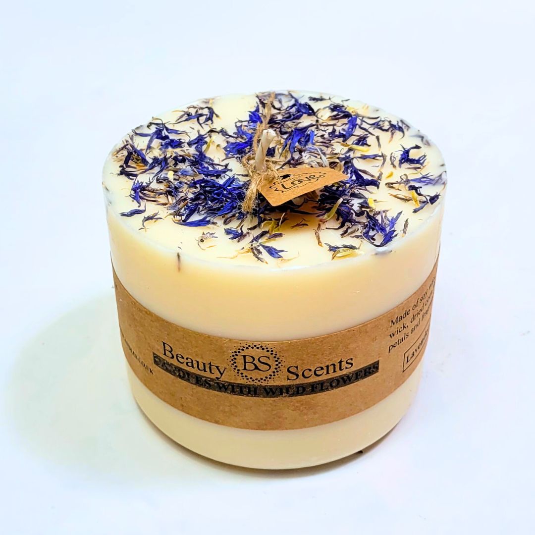 Large Wild Flowers handmade soy candle 700g with blue cornflowers decoration, natural twine wick and Beauty Scents label - clean white background product photography