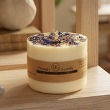 Beauty Scents Large candle with a brown label on a wooden surface Lavender Mango Melon Apple scents