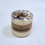Medium Wild Flowers scented soy candle 500g with blue cornflowers decoration on white wax, Beauty Scents branded kraft paper band, pillar style handmade candle