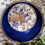 Medium Wild Flowers scented soy candle 500g with blue cornflowers decoration on white wax, Beauty Scents branded kraft paper band, pillar style handmade candle