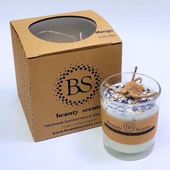 Small Glass Wild Flowers soy candle 400g in clear glass container with blue cornflowers decoration and Beauty Scents branded packaging box - glass container handmade candle product and packaging photography