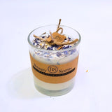 Small Glass Wild Flowers handmade soy candle 400g in clear glass container with blue cornflowers decoration, natural twine wick and Beauty Scents label - glass container clean white background product photography