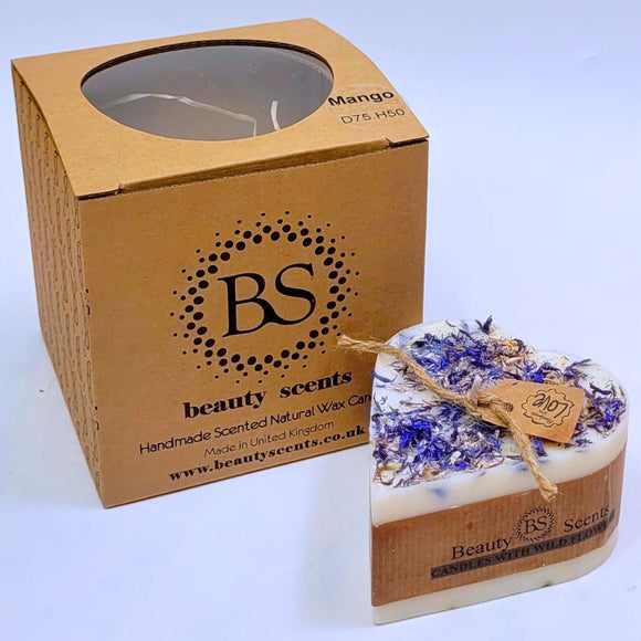 Small Heart Wild Flowers soy candle 300g with blue cornflowers decoration and Beauty Scents branded packaging box - heart-shaped handmade candle product and packaging photography