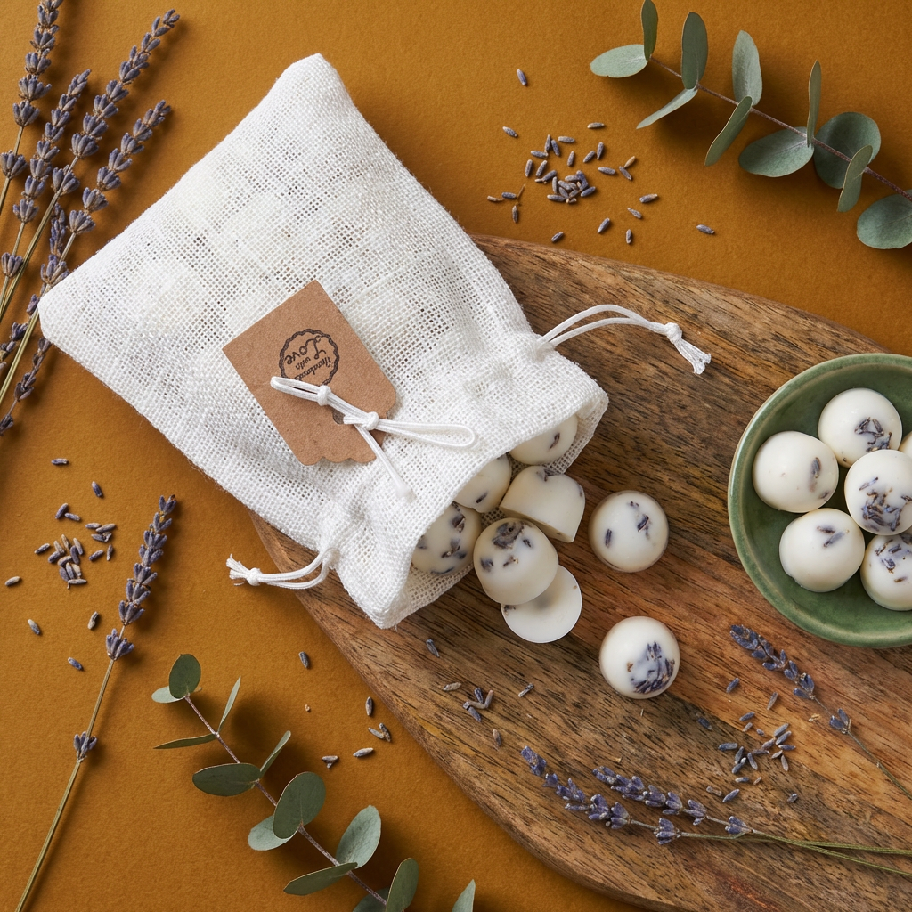 White drawstring bag with Beauty Scents wax melts lavender and eucalyptus on a wooden surface